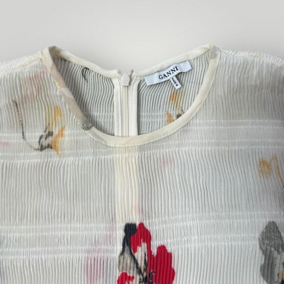 GANNI Lowell Pleated Floral-print Crepe Mini Dress sz 42 US10 - Picture 4 of 13